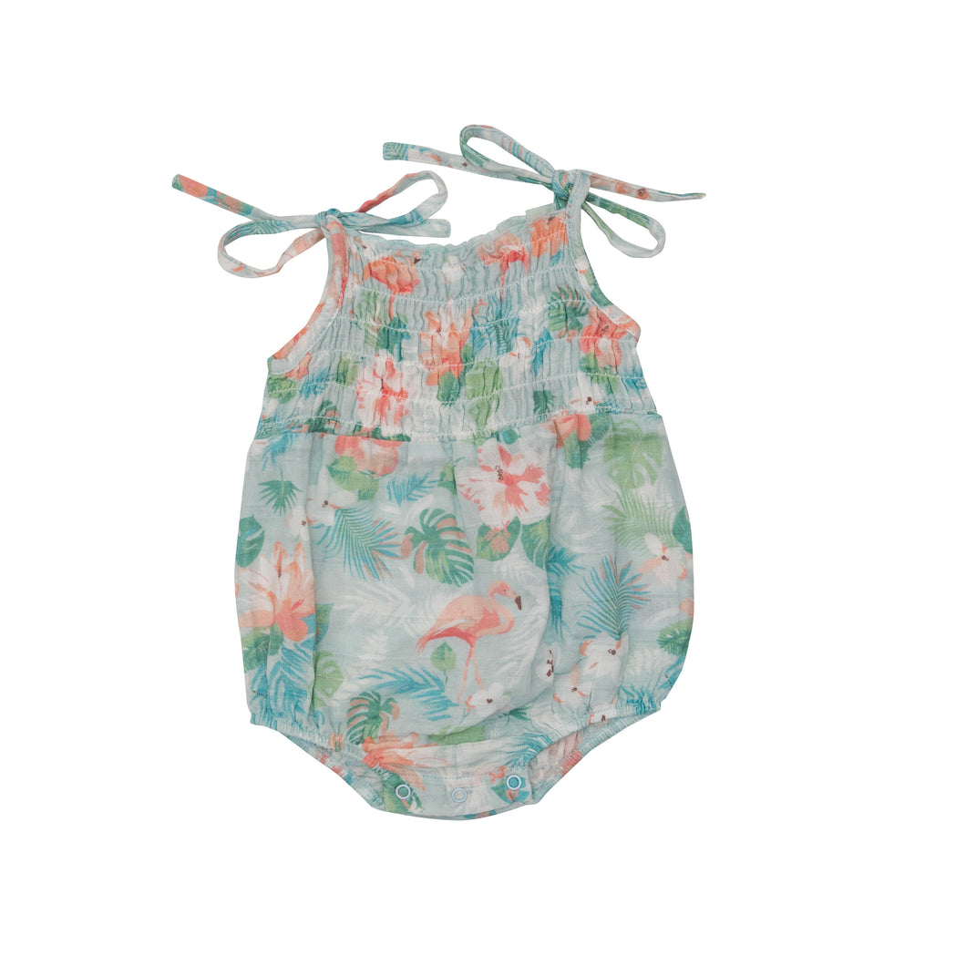Floral Flamingos Tie Strap Smocked Baby Bubble