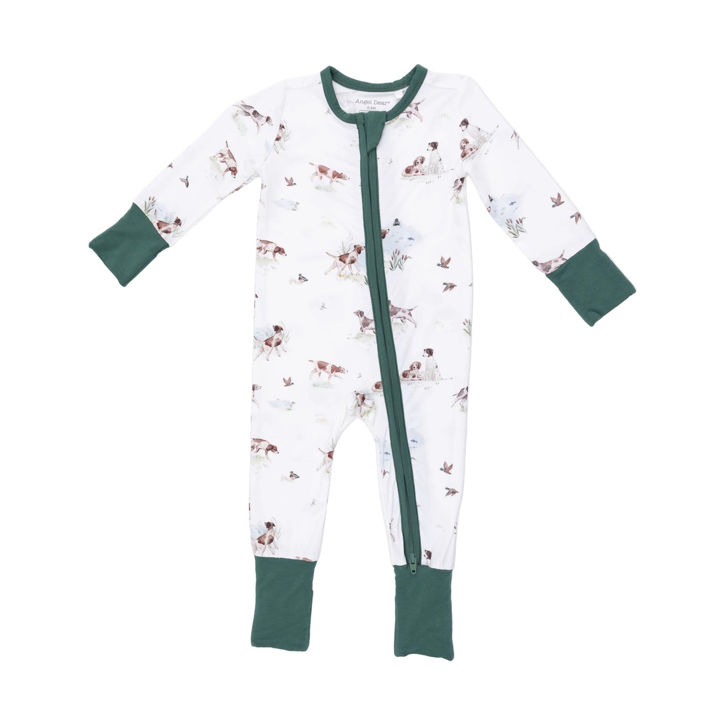 Angel Dear Pointer Pups and Duck Buddies bamboo baby romper featuring adorable print and soft, sustainable fabric for infants.