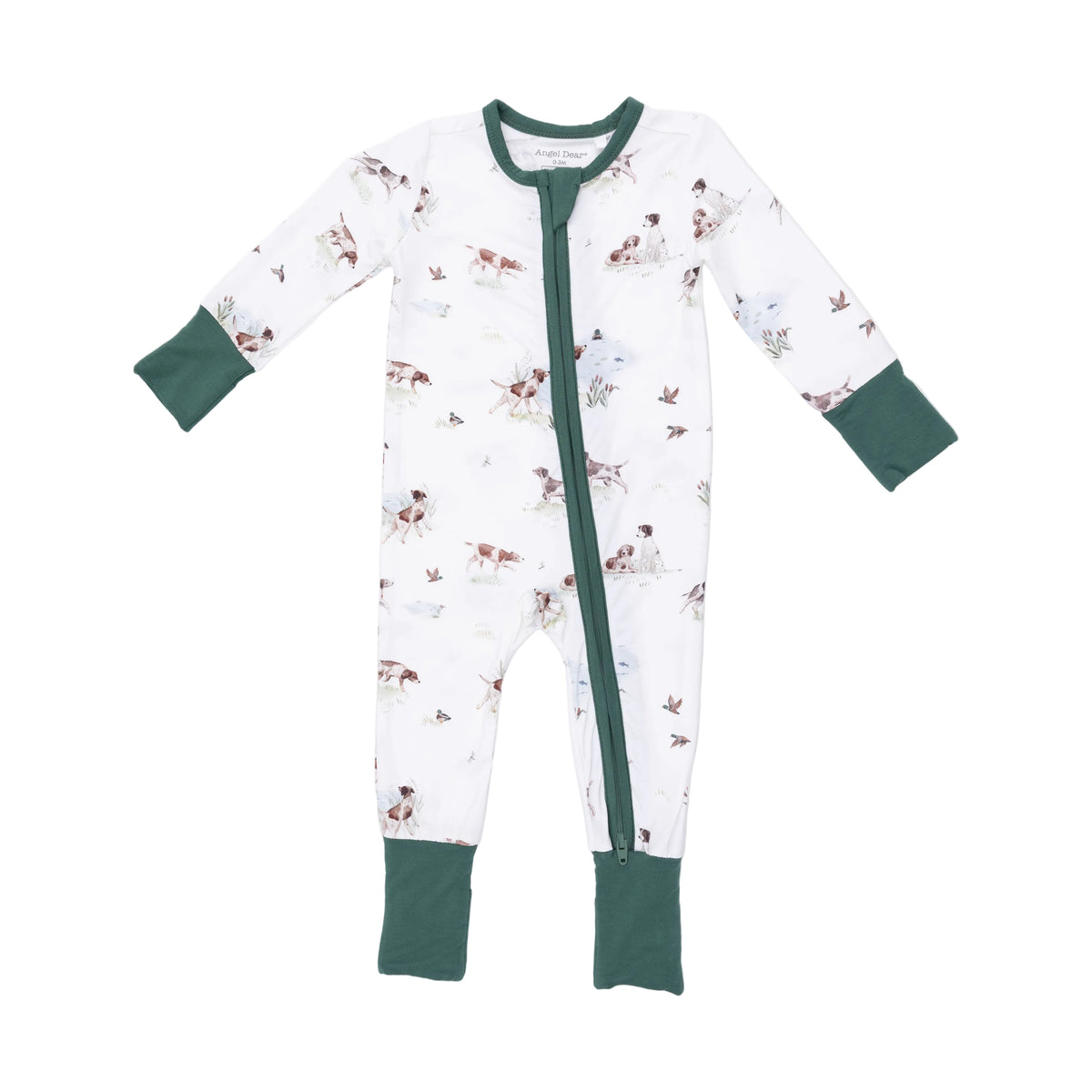 Angel Dear Pointer Pups and Duck Buddies bamboo baby romper featuring adorable print and soft, sustainable fabric for infants.