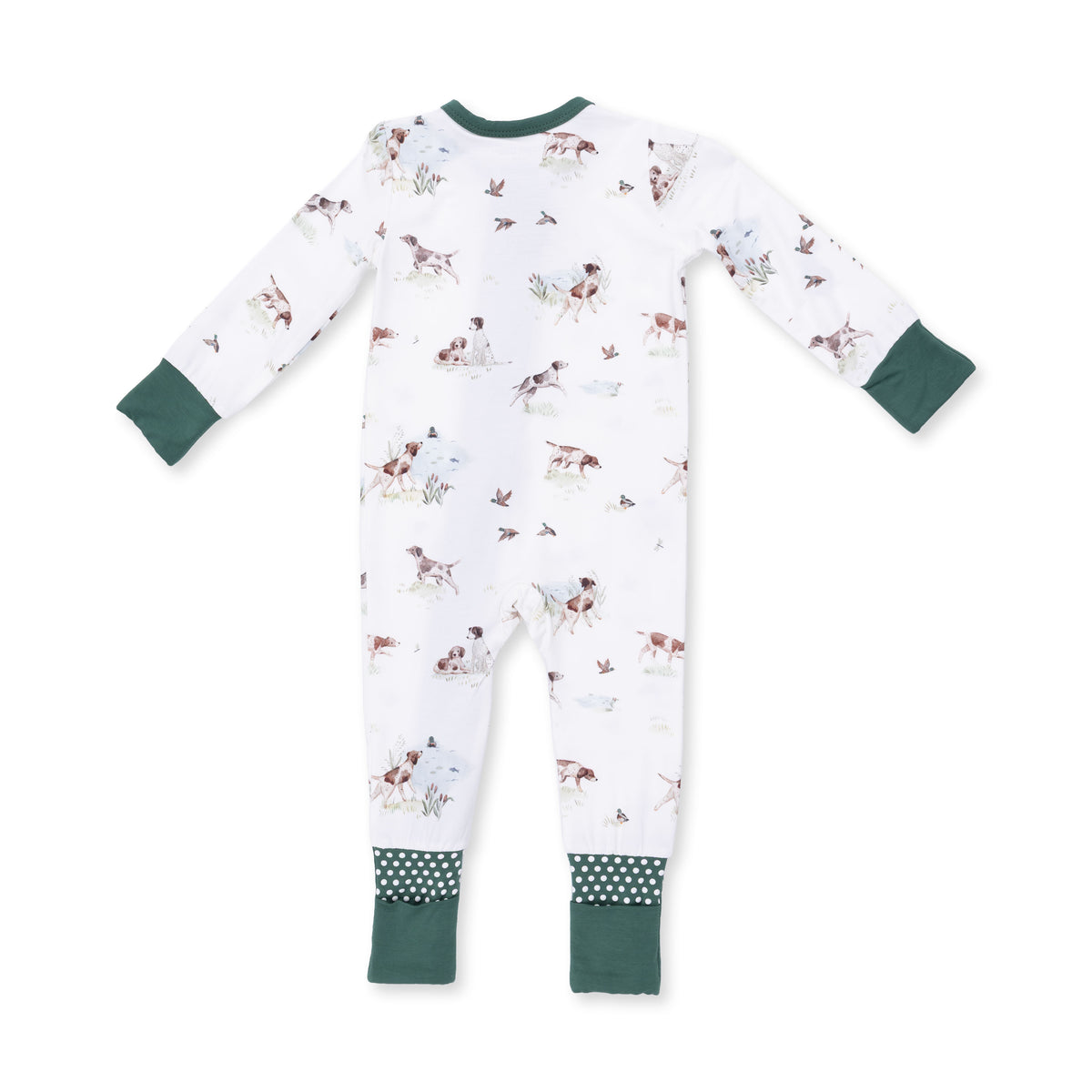 Angel Dear Pointer Pups and Duck Buddies convertible bamboo baby romper with adorable animal print and soft fabric.