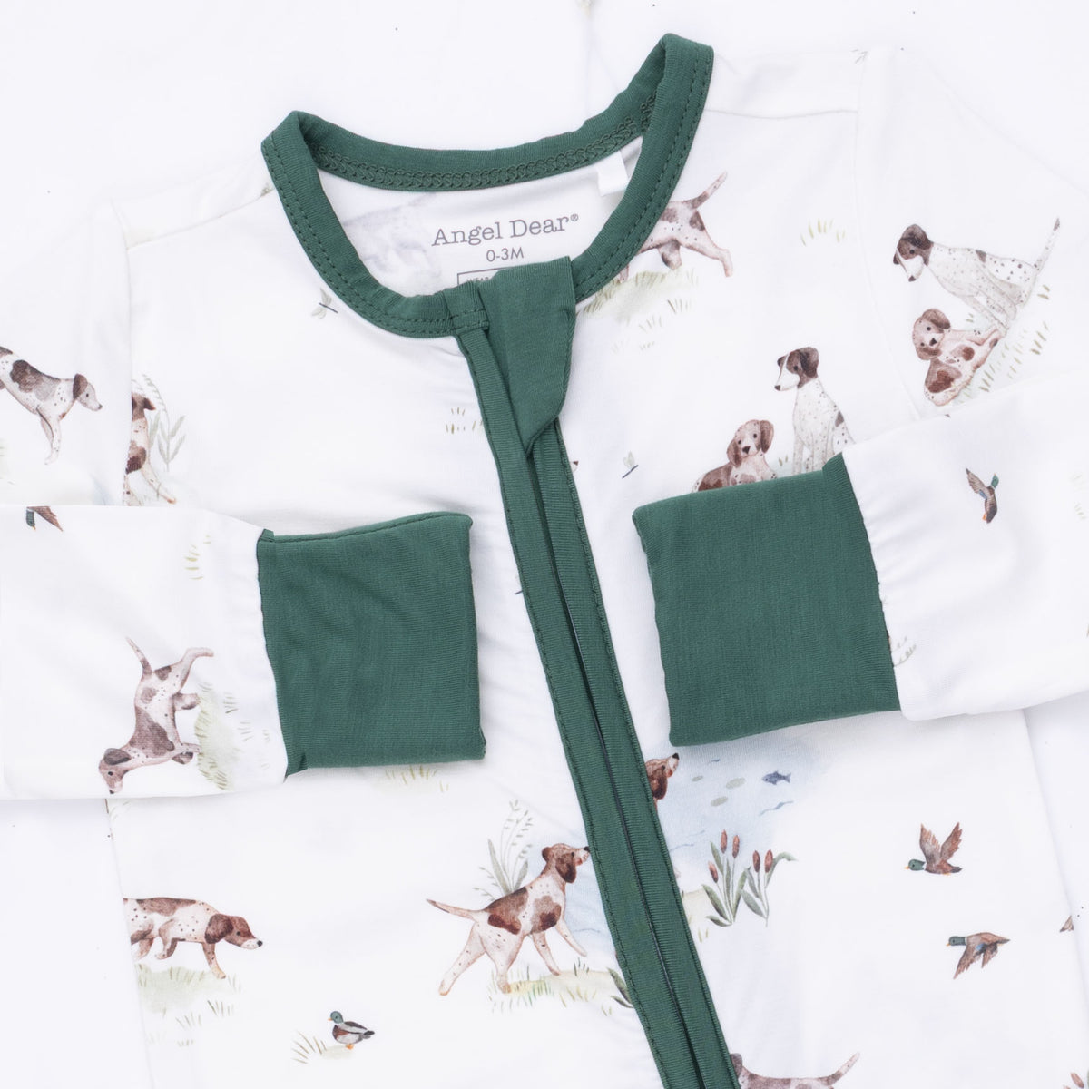 Angel Dear Pointer Pups and Duck Buddies bamboo baby romper featuring adorable pup and duck print for comfortable, stylish baby wear.