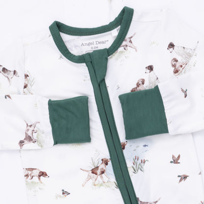 Angel Dear Pointer Pups and Duck Buddies bamboo baby romper featuring adorable pup and duck print for comfortable, stylish baby wear.