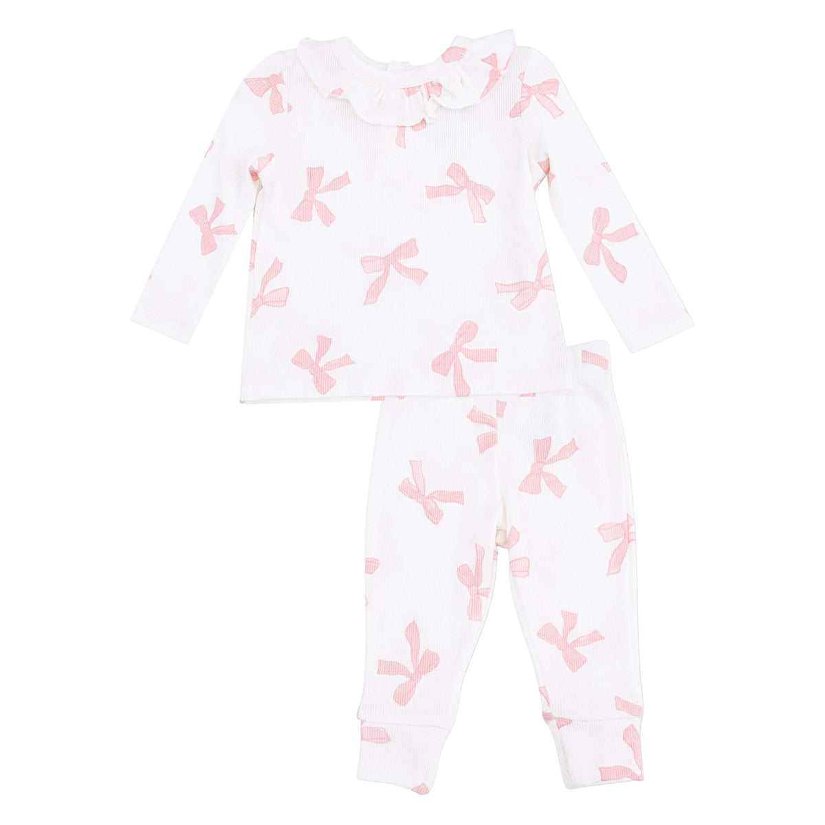 Baby girl wearing a pink long sleeve ruffle top and matching pants set by Angel Dear, soft cotton fabric with ruffle details.