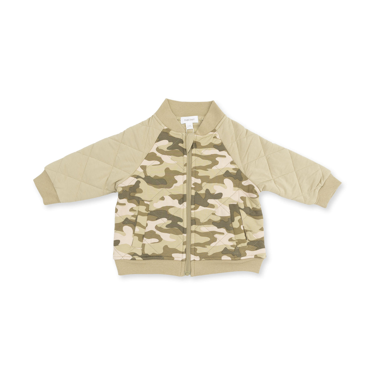 Kids camo bomber jacket by Angel Dear, featuring a stylish camouflage pattern, ribbed collar, and zip-up front.