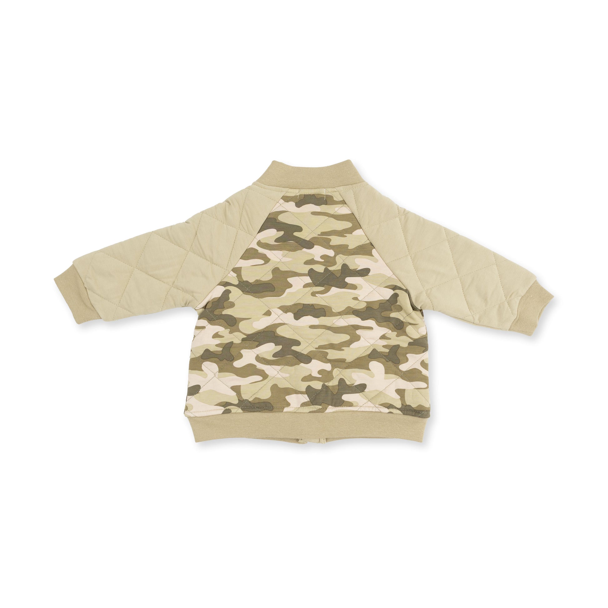 Kids camo bomber jacket by Angel Dear featuring a stylish camouflage pattern and comfortable fit for children.