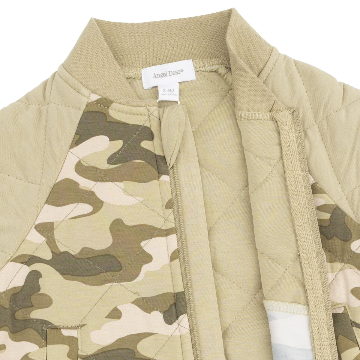 Kids camo bomber jacket by Angel Dear with khaki and green camouflage pattern, ribbed collar, cuffs, and front zipper.