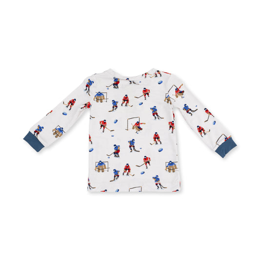Angel Dear hockey players long sleeve lounge set for kids, featuring fun hockey-themed print on soft, comfortable fabric.