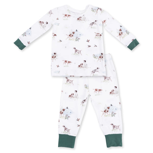 Kids' long sleeve lounge set with Pups and Duck Buddy characters by Angel Dear, featuring playful print and soft fabric.