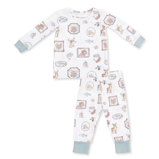Kids Woodson's Family Cabin long sleeve loungewear set by Angel Dear, featuring cozy fabric and cabin-themed print for children.