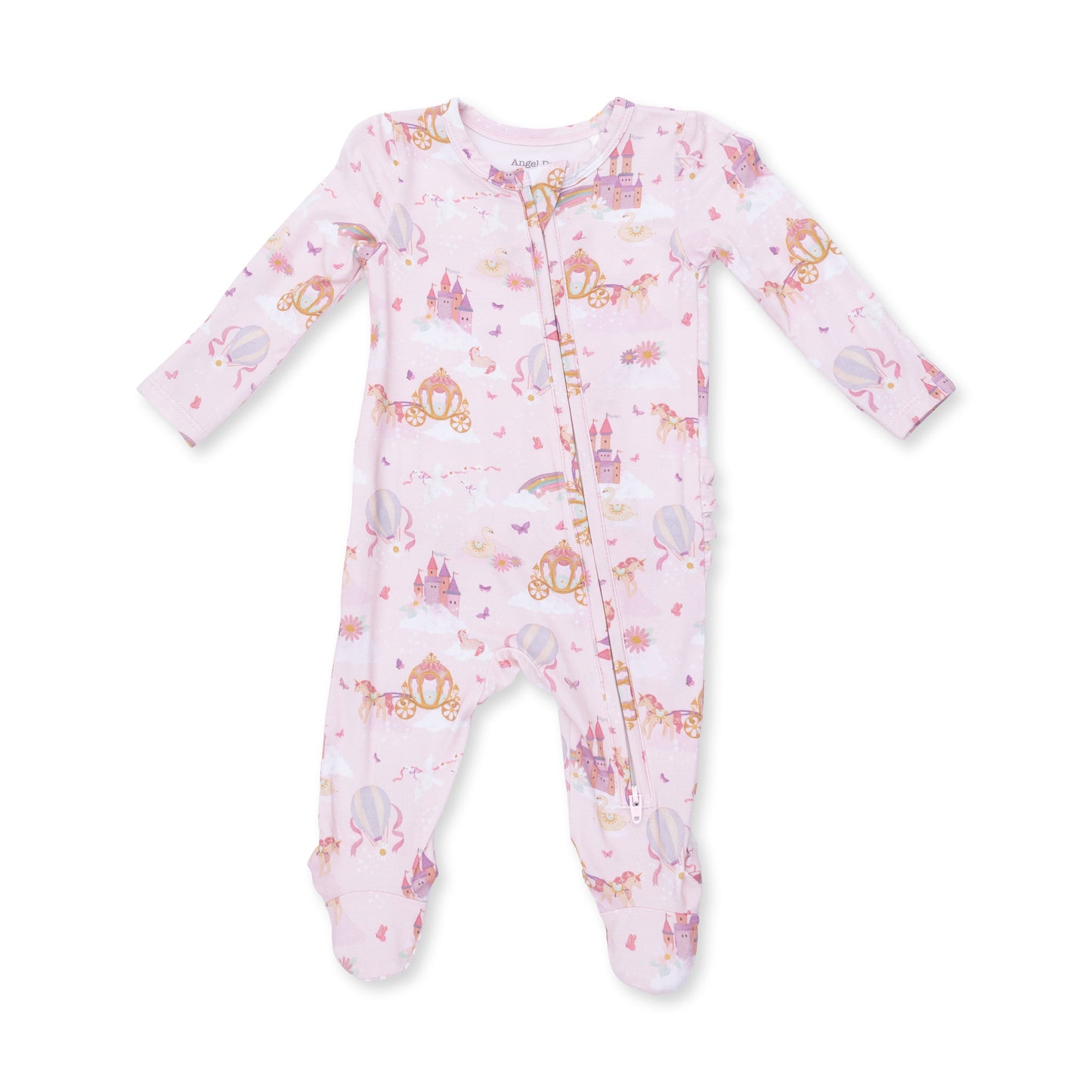 Angel Dear Princess Unicorns and Castle 2-Way Ruffle Back Zipper Footie showing a cute unicorn and castle print on soft fabric.