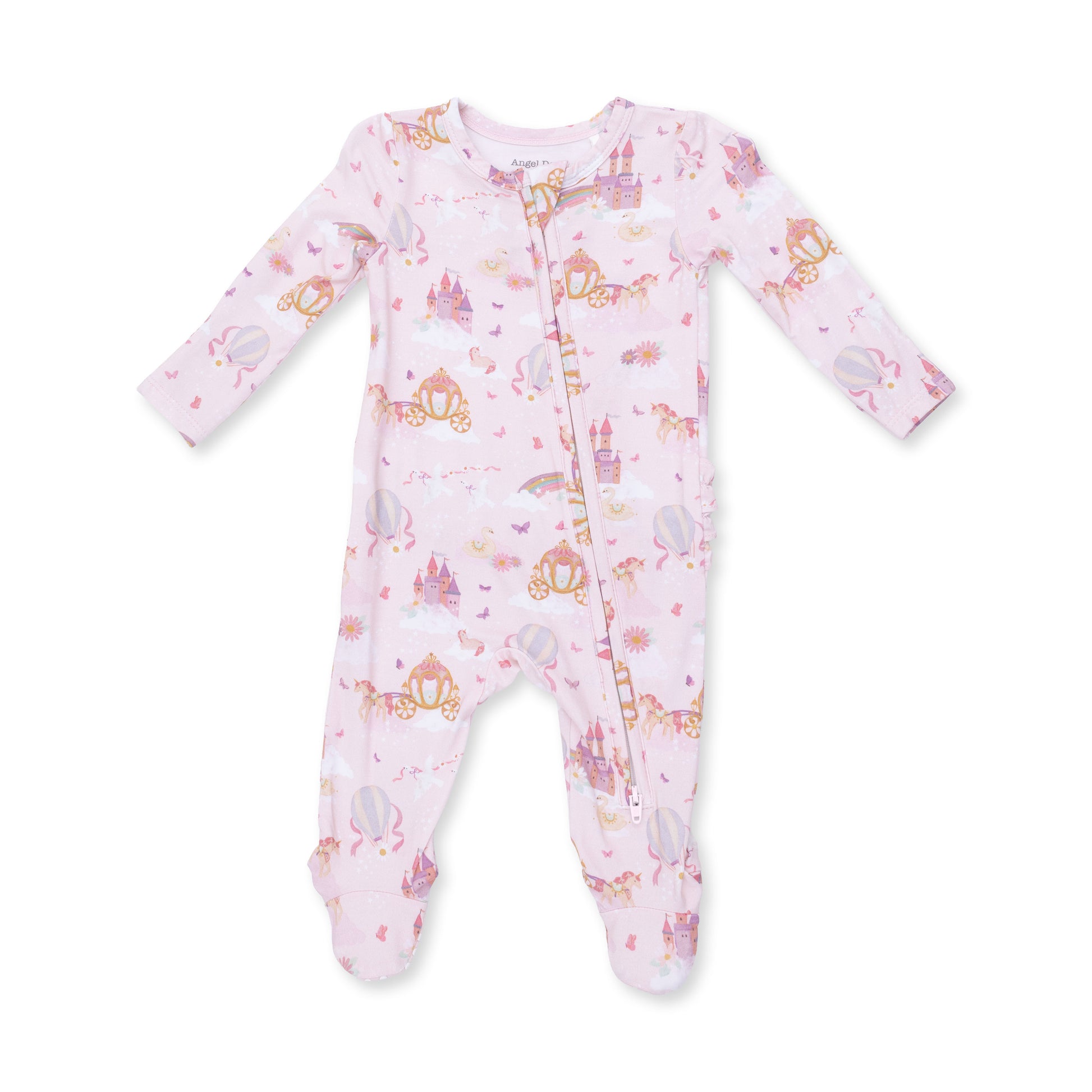 Angel Dear Princess Unicorns and Castle 2-Way Ruffle Back Zipper Footie showing a cute unicorn and castle print on soft fabric.