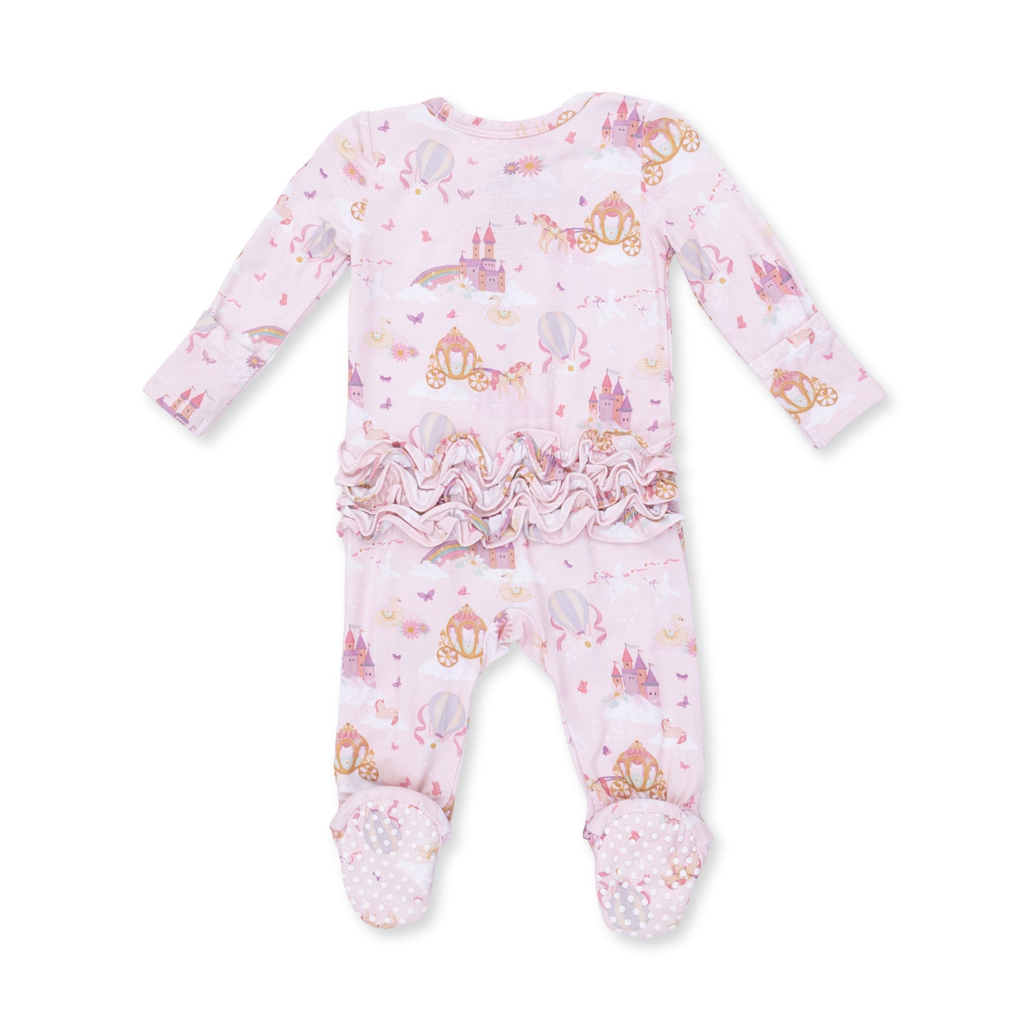 Angel Dear princess unicorns and castle 2-way ruffle back zipper footie, soft baby onesie with whimsical unicorn and castle design.