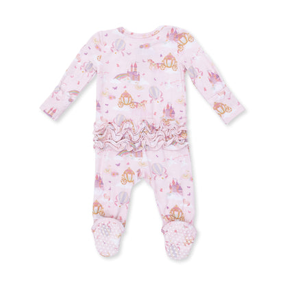 Angel Dear princess unicorns and castle 2-way ruffle back zipper footie, soft baby onesie with whimsical unicorn and castle design.