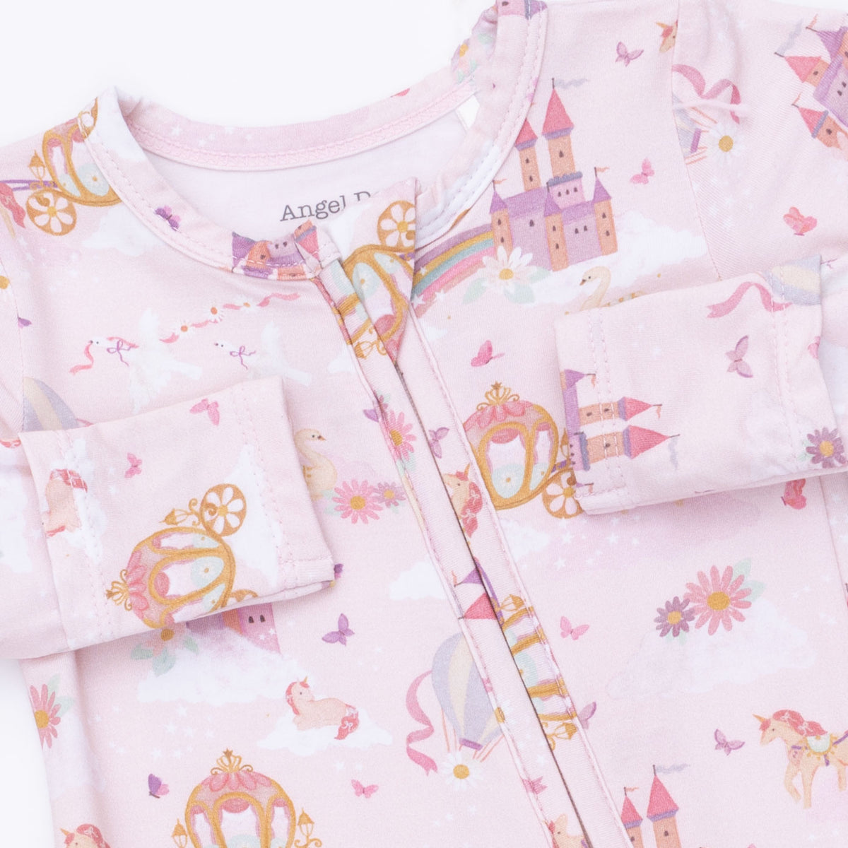 Angel Dear Princess Unicorns and Castle 2-Way Ruffle Back Zipper Footie, soft baby romper with unicorn and castle print and ruffle details.