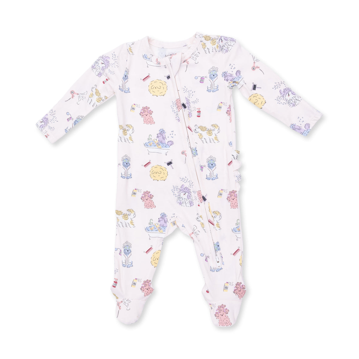 Angel Dear Spa Dogs 2-Way Ruffle Back Zipper Footie for babies, featuring playful dog print and soft, cozy fabric.