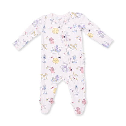 Angel Dear Spa Dogs 2-Way Ruffle Back Zipper Footie for babies, featuring playful dog print and soft, cozy fabric.