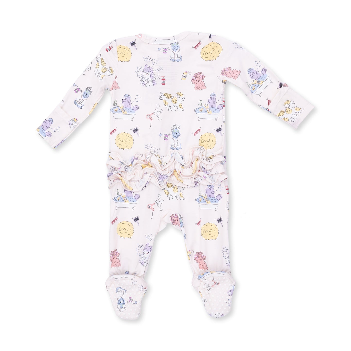 Angel Dear Spa Dogs 2-Way Ruffle Back Zipper Footie for dogs, featuring playful dog print and cozy fabric for comfort.