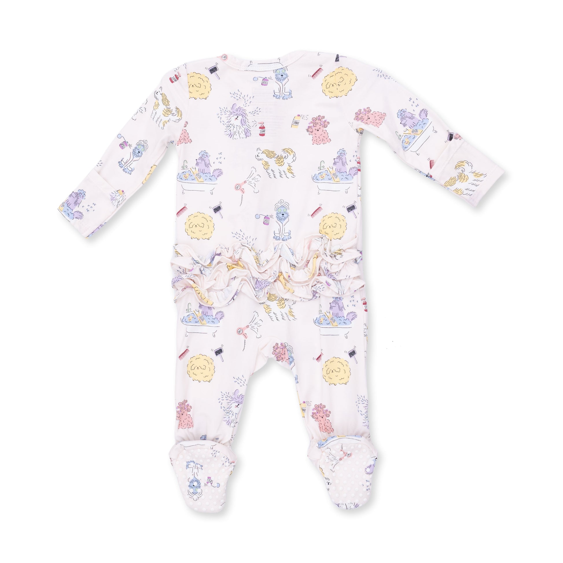 Angel Dear Spa Dogs 2-Way Ruffle Back Zipper Footie for dogs, featuring playful dog print and cozy fabric for comfort.
