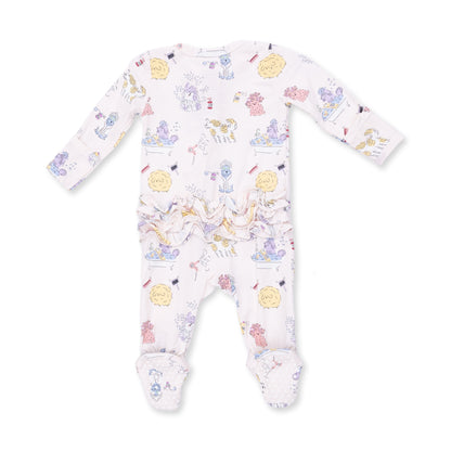 Angel Dear Spa Dogs 2-Way Ruffle Back Zipper Footie for dogs, featuring playful dog print and cozy fabric for comfort.