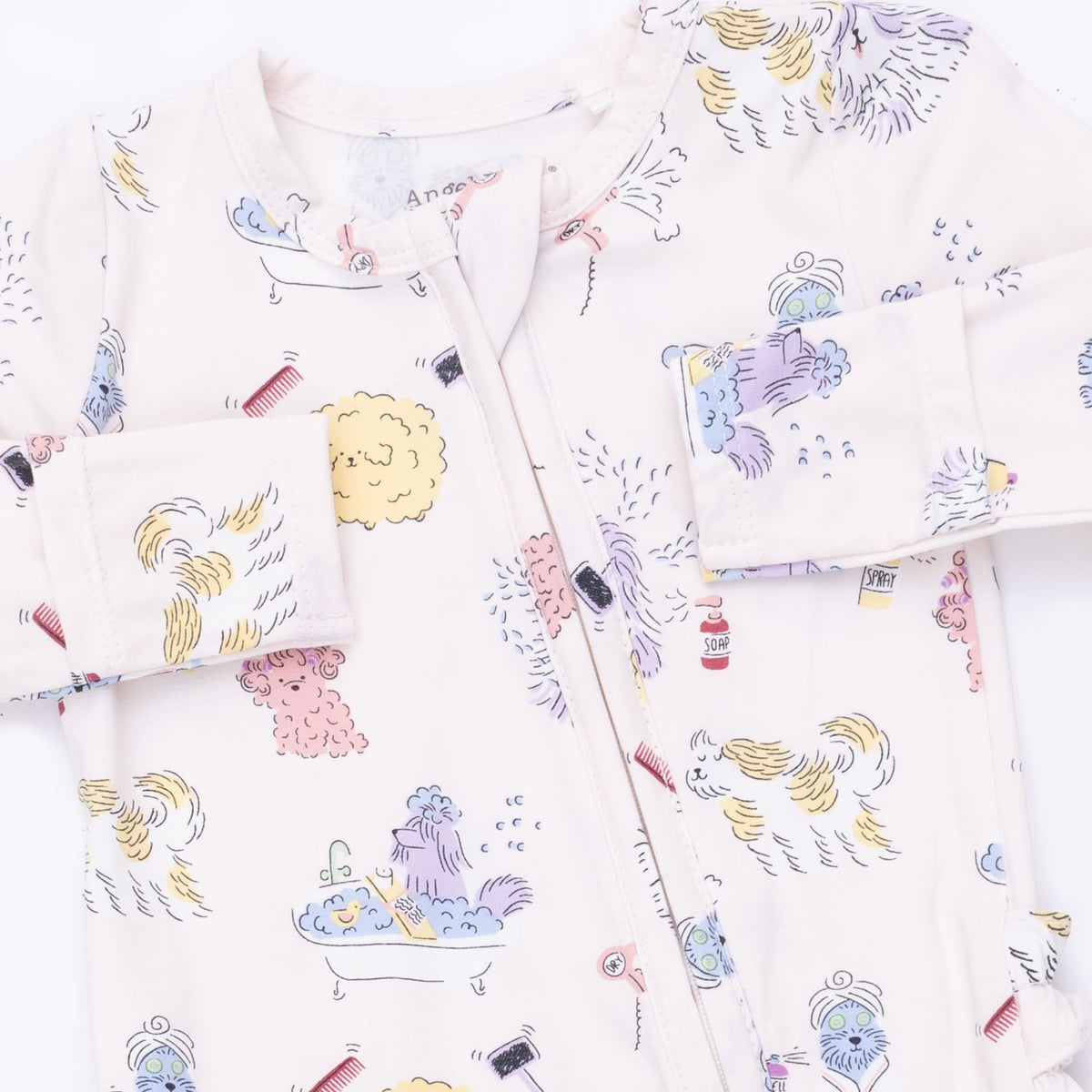 Angel Dear Spa Dogs 2 Way Ruffle Back Zipper Footie for babies, featuring a cute dog print and soft fabric with ruffle details.