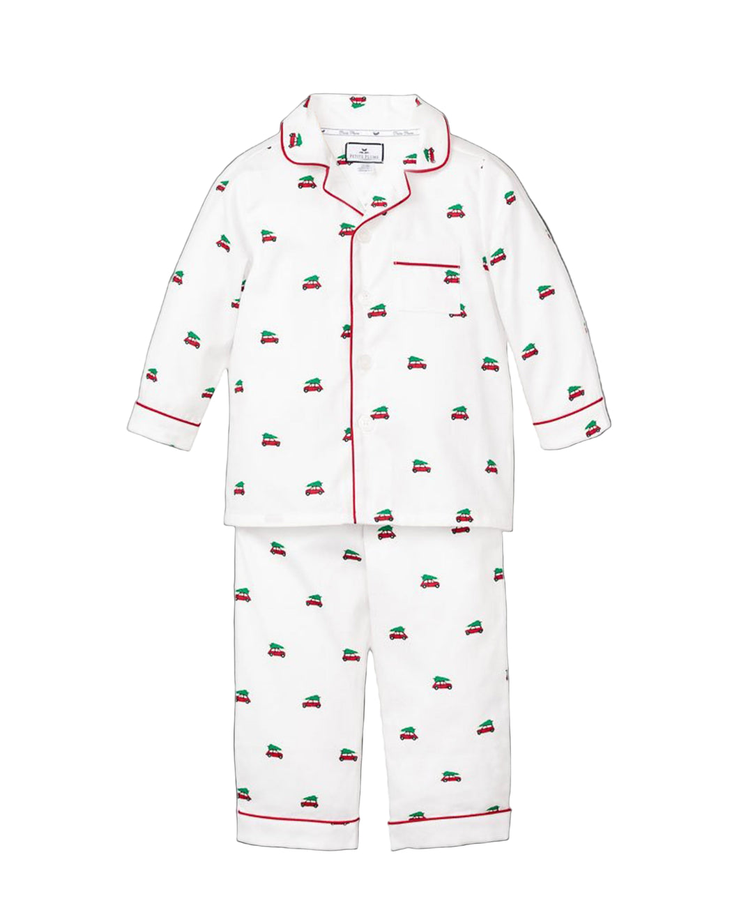 White pajama set with red and green pattern on a white background