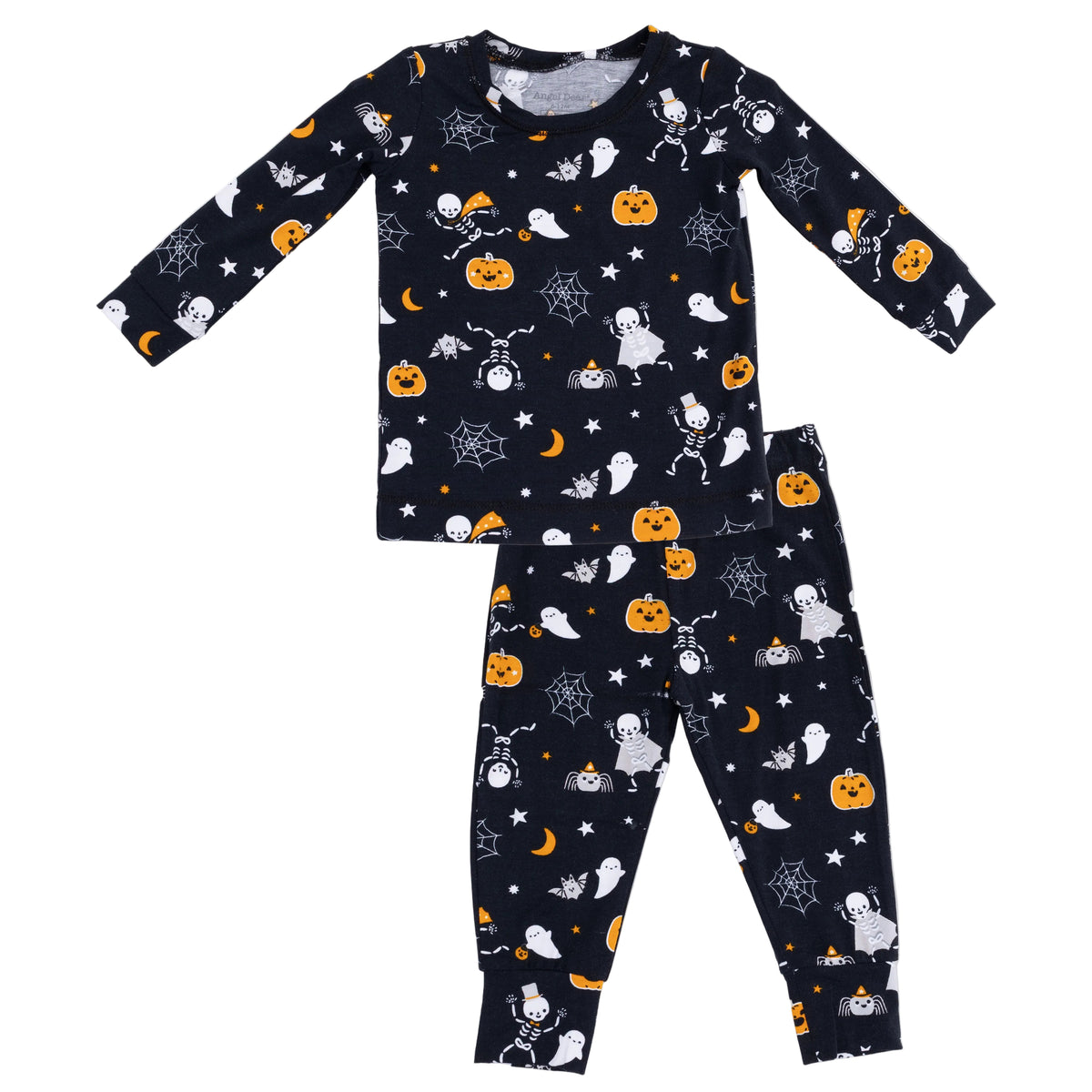 Angel Dear Halloween Skeleton Buddies long sleeve loungewear set with matching top and pants featuring spooky skeleton prints.