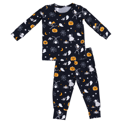 Angel Dear Halloween Skeleton Buddies long sleeve loungewear set with matching top and pants featuring spooky skeleton prints.
