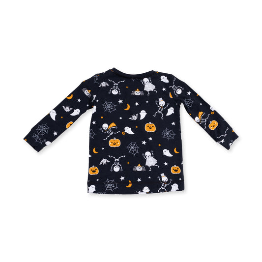 Angel Dear Halloween Skeleton Buddies long sleeve loungewear set featuring fun skeleton print and comfortable fabric for cozy Halloween wear.
