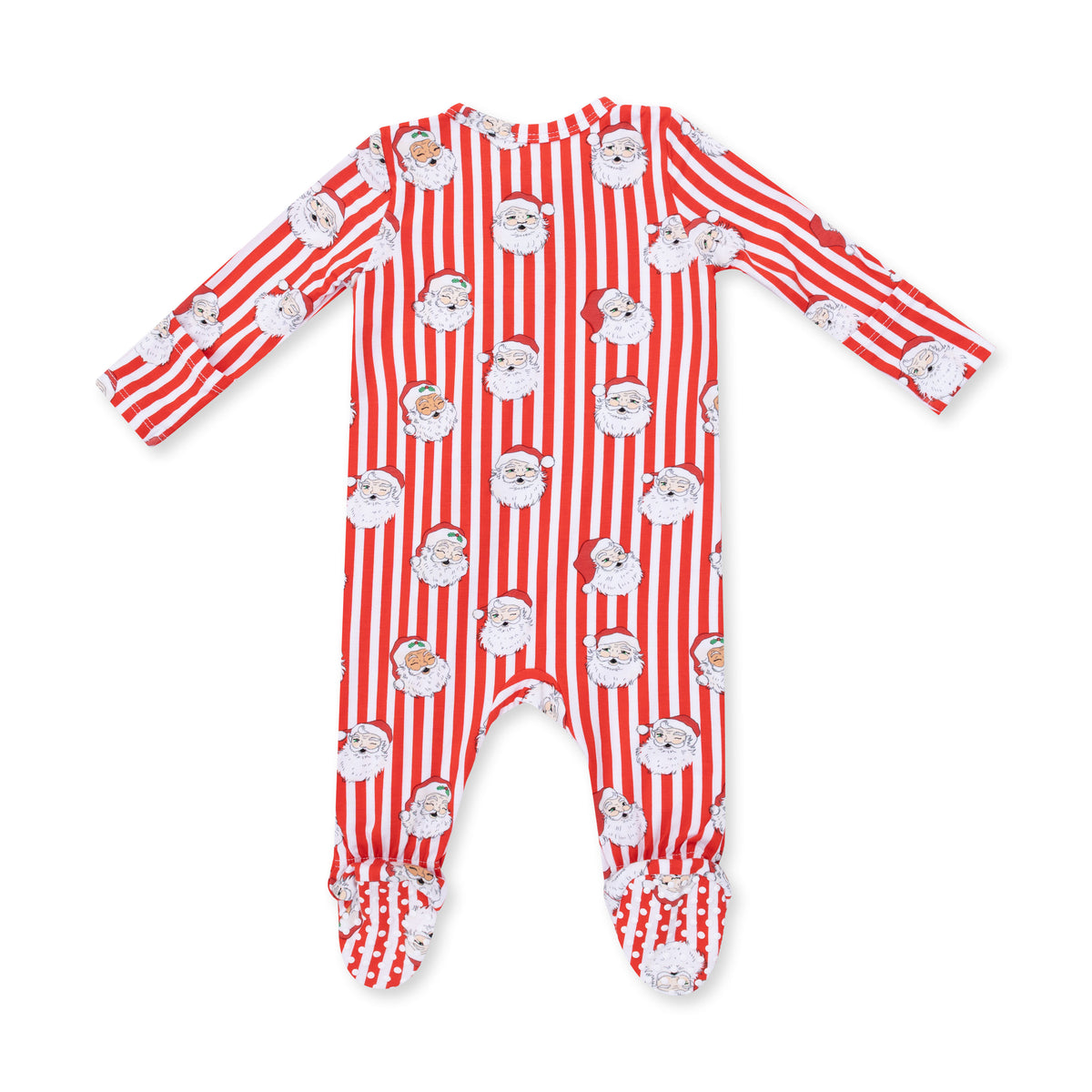 Baby vintage Santa stripe zip-up by Angel Dear, featuring red and white holiday-themed fabric with a cozy hood and front zipper.