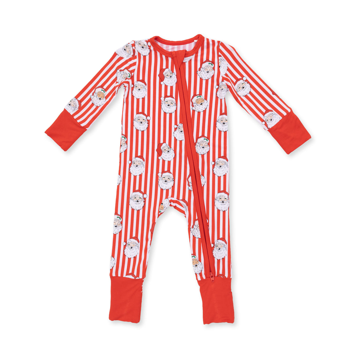 Baby vintage Santa stripe zip-up by Angel Dear featuring red and white holiday-themed fabric with a cozy, festive design.