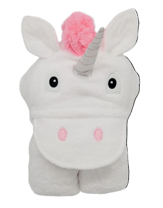 Kids hooded unicorn towel by Yikes Twins featuring a colorful unicorn hood and soft, absorbent fabric for fun bath time.