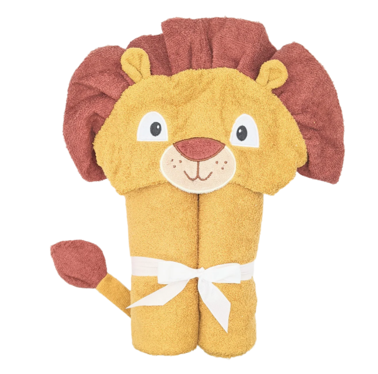 Kids lion hooded towel by Yikes Twins featuring a playful lion face hood and soft, absorbent fabric for bath time fun.