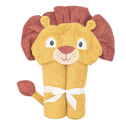 Kids lion hooded towel by Yikes Twins featuring a playful lion face hood and soft, absorbent fabric for bath time fun.