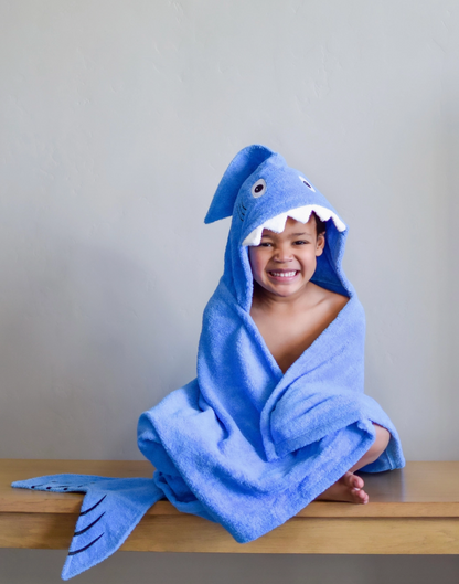 Kids Shark Hooded Towel by Yikes Twins, featuring a soft shark design with a hood, perfect for children’s bath time or beach use.