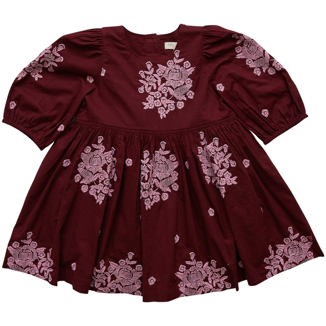 Girls Brooke Dress with Burgundy Embroidery by Pink Chicken