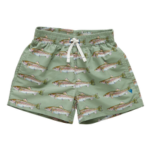 Load image into Gallery viewer, Olive Rainbow Trout Boys Swim Trunk by Pink Chicken

