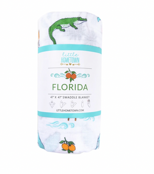 Unisex Florida Babe Swaddle for babies by Little Hometown, soft and cozy cotton wrap with Florida-themed prints.