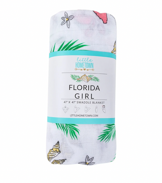 Soft baby swaddle blanket from Little Hometown featuring Florida Girl design, ideal for newborns and infants.