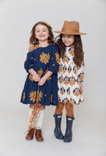 Load image into Gallery viewer, Girls Brooke Dress with Navy and Gold Embroidery
