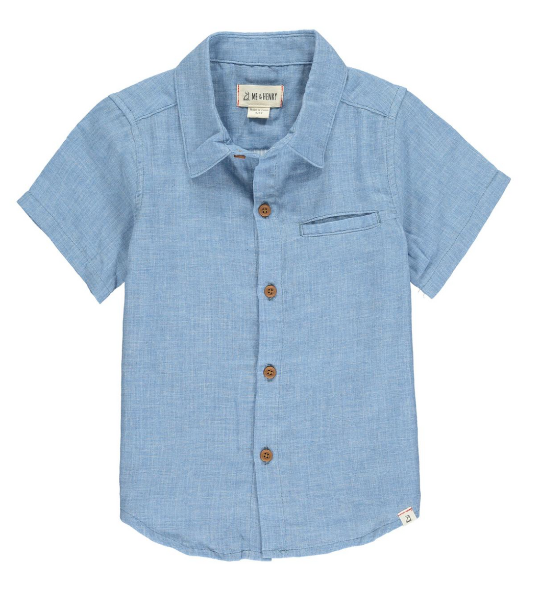 Newport Short Sleeve Button Down Woven Shirt - Pale Blue Size 6/7Y