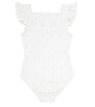 Load image into Gallery viewer, Girls White Eyelet Square Neck Ruffle One Piece
