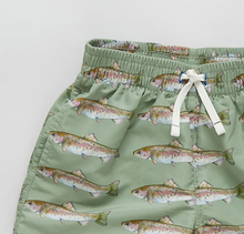 Load image into Gallery viewer, Olive Rainbow Trout Boys Swim Trunk by Pink Chicken
