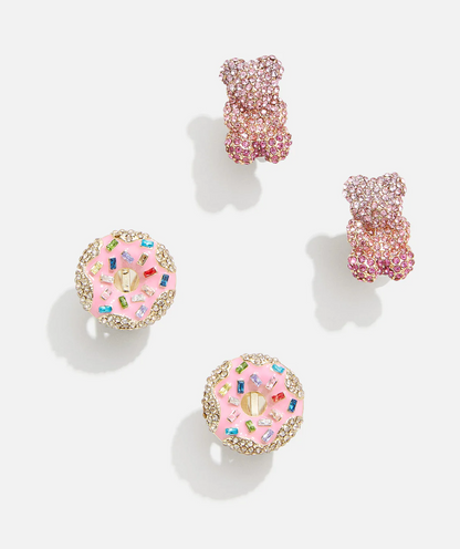 Colorful clip-on earrings set for kids featuring fun, vibrant designs from Bauble Bar's Sugar Rush collection displayed on a white background.
