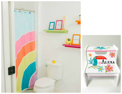 Hand-painted custom 2-step stool by Flora Ottimer, featuring colorful floral designs on wooden steps.