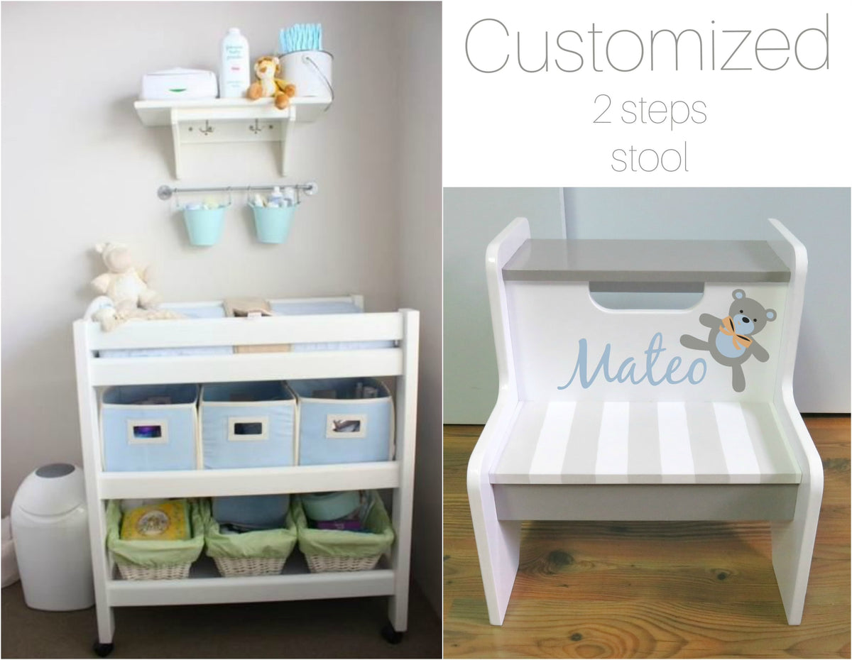 Hand-painted 2 step stool by Flora Ottimer with colorful floral design, wooden construction, and sturdy steps for children or adults.