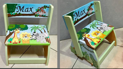 Hand-painted flip stool by Flora Ottimer featuring colorful floral designs on a wooden stool surface.