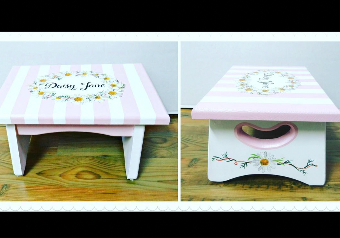 Hand-painted custom foot stool by Flora Ottimer featuring vibrant floral artwork on a wooden stool.