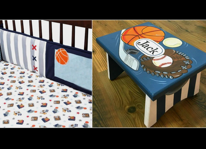 Hand-painted custom foot stool by Flora Ottimer featuring vibrant floral artwork and a wooden base.