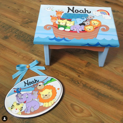 Hand-painted custom foot stool by Flora Ottimer featuring vibrant, artistic design and sturdy wooden construction.