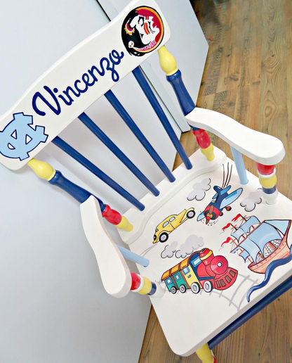 Hand-painted wooden rocking chair by Flora Ottimer with intricate floral designs and a comfortable curved seat.